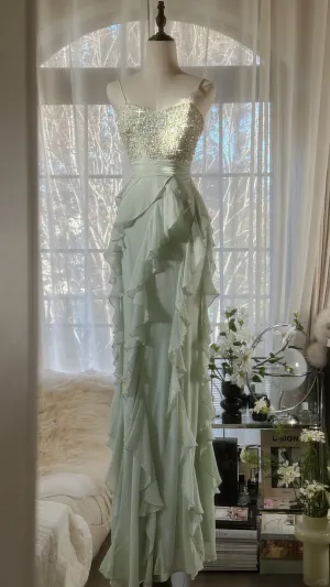 Light Sage Straps Beading Ruffles Long Evening Gown Vintage Party Dress, D727