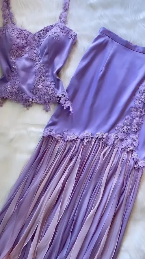 Lilac Straps Two Pieces Sheath Satin Chiffon Vintage Long Party Dress, D975