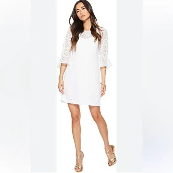 Lily Pulitzer Fontaine Mini Dress White With Built in Slip and 3/4 Sleeve Small