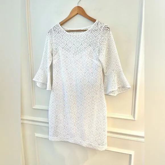 Lily Pulitzer Fontaine Mini Dress White With Built in Slip and 3/4 Sleeve Small