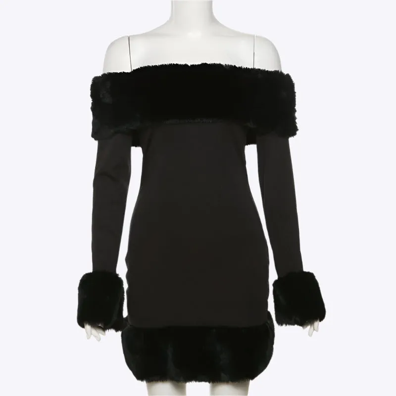 Linda - Elegant Fur Collar Woman's Off Shoulder Dress