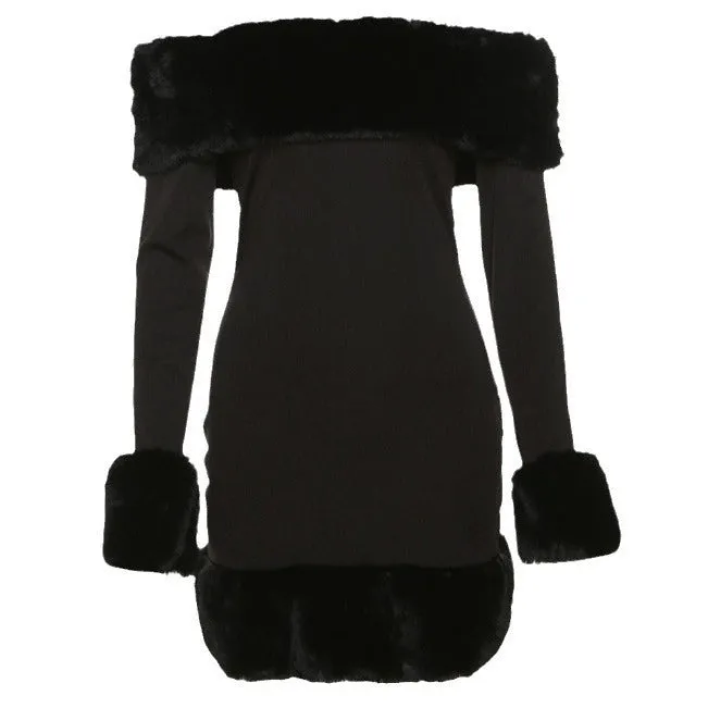 Linda - Elegant Fur Collar Woman's Off Shoulder Dress