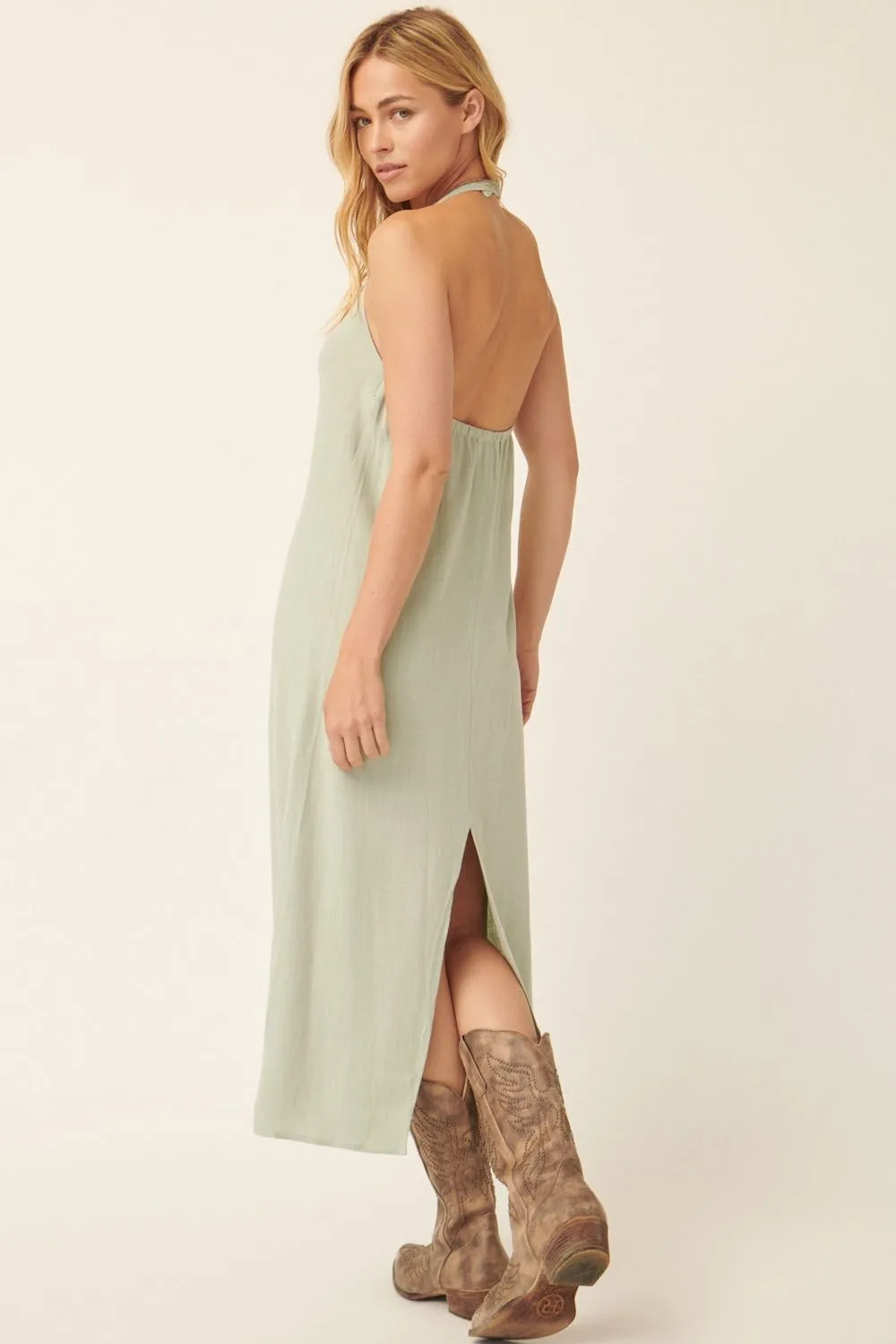 LINEN HALTER MAXI DRESS IN SEAGRASS