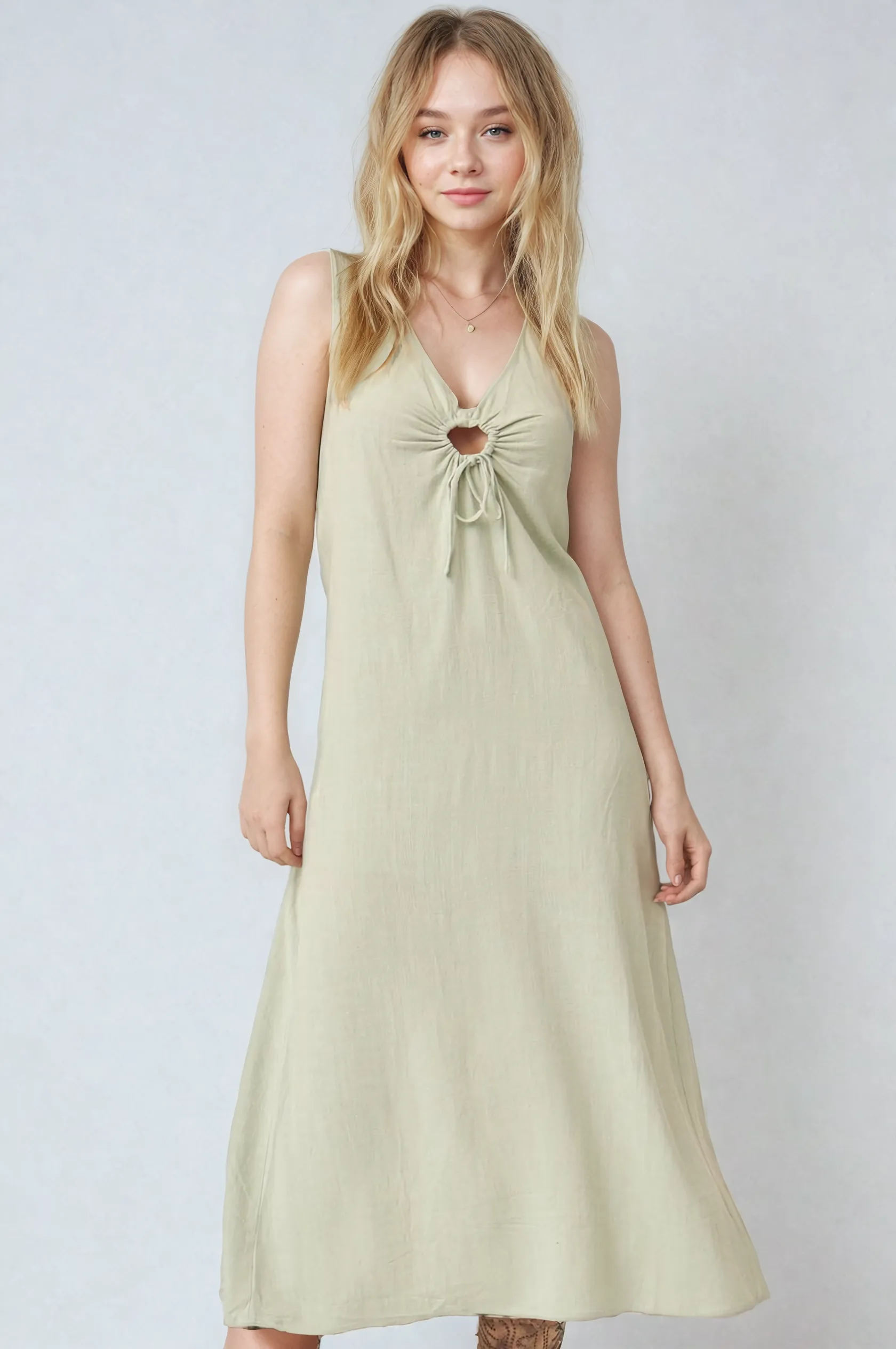 LINEN HALTER MAXI DRESS IN SEAGRASS