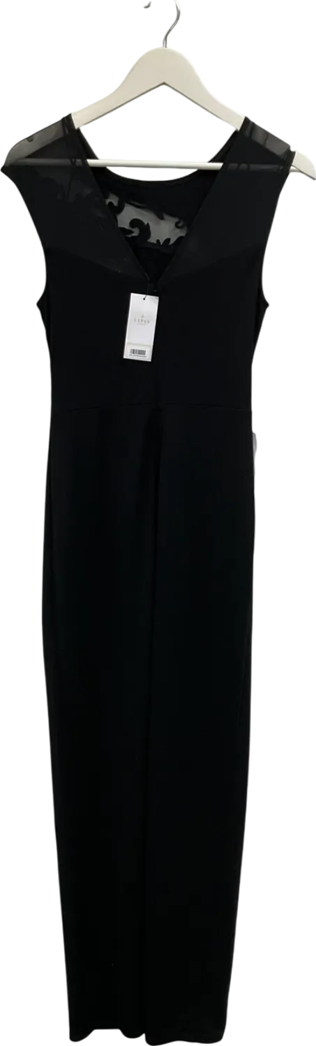 lipsy london Black Lace Mesh Ruched Maxi Dress UK 8