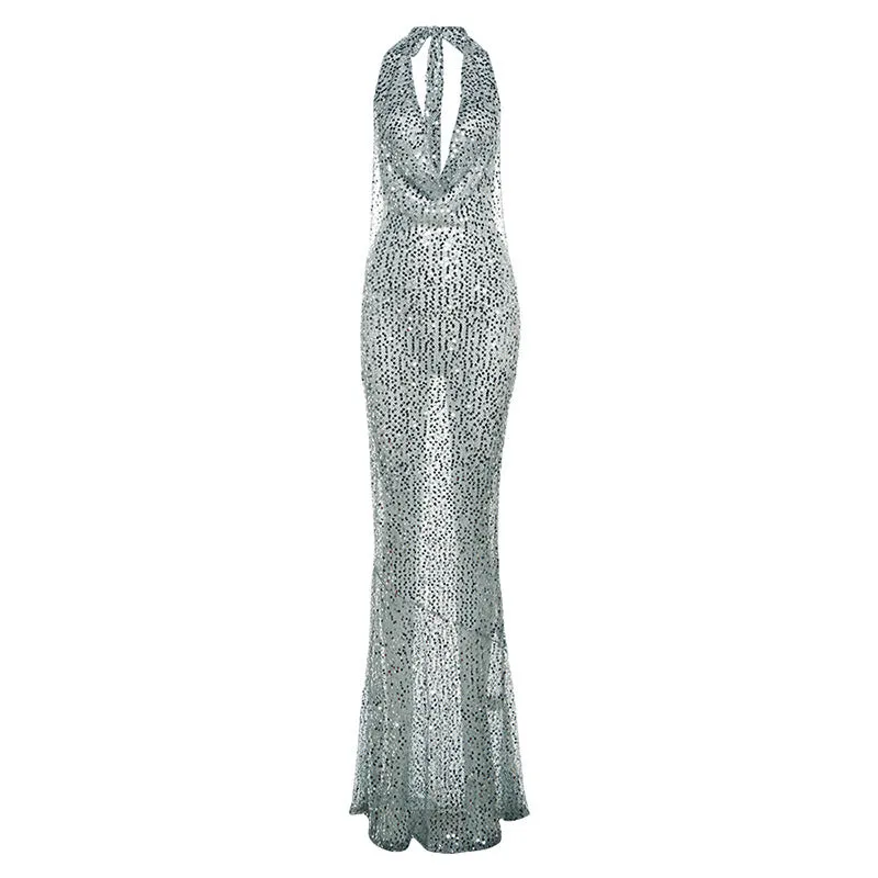 Lizzie - Trendy Sequins Halter Woman's Fishtail Dress
