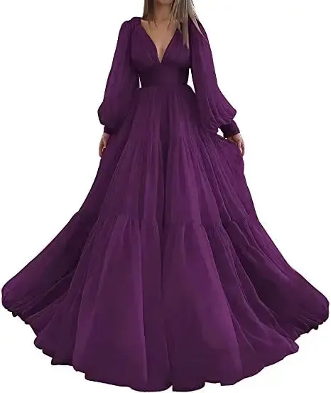 Long Puff Sleeves Prom Dresses V-Neck Pleats Chiffon Princess Evening Gowns Women Party Dress Plus Size