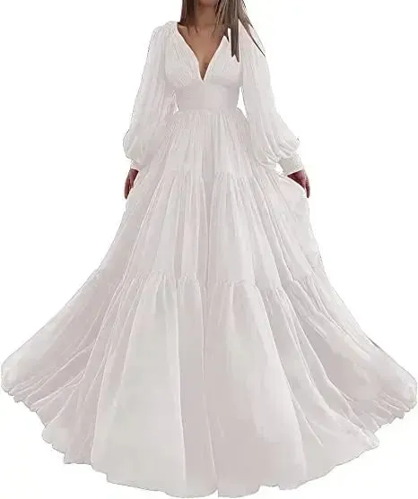 Long Puff Sleeves Prom Dresses V-Neck Pleats Chiffon Princess Evening Gowns Women Party Dress Plus Size