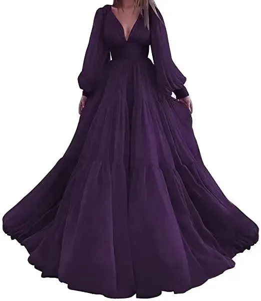 Long Puff Sleeves Prom Dresses V-Neck Pleats Chiffon Princess Evening Gowns Women Party Dress Plus Size