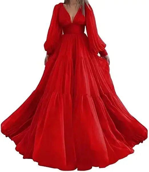 Long Puff Sleeves Prom Dresses V-Neck Pleats Chiffon Princess Evening Gowns Women Party Dress Plus Size
