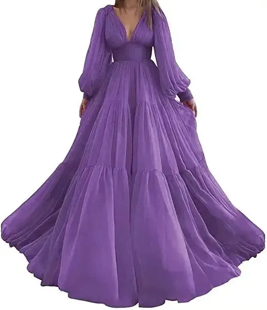 Long Puff Sleeves Prom Dresses V-Neck Pleats Chiffon Princess Evening Gowns Women Party Dress Plus Size