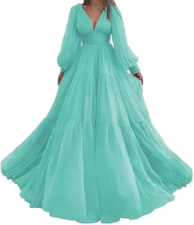 Long Puff Sleeves Prom Dresses V-Neck Pleats Chiffon Princess Evening Gowns Women Party Dress Plus Size