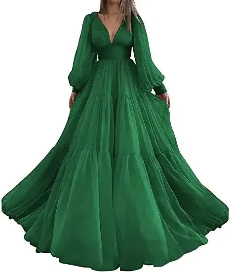 Long Puff Sleeves Prom Dresses V-Neck Pleats Chiffon Princess Evening Gowns Women Party Dress Plus Size