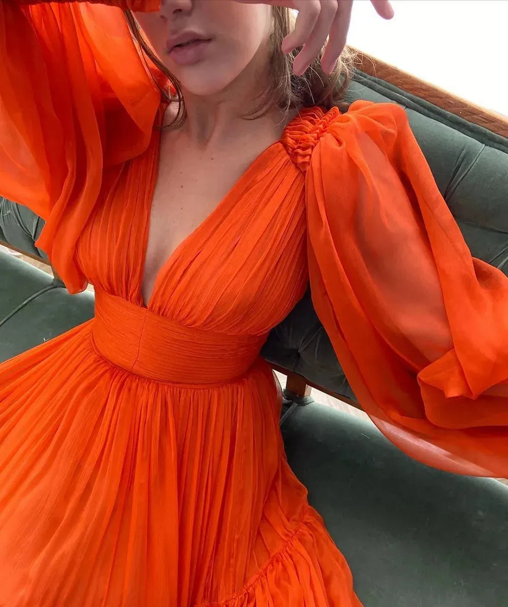 Long Puff Sleeves Prom Dresses V-Neck Pleats Chiffon Princess Evening Gowns Women Party Dress Plus Size