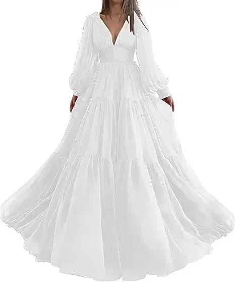 Long Puff Sleeves Prom Dresses V-Neck Pleats Chiffon Princess Evening Gowns Women Party Dress Plus Size