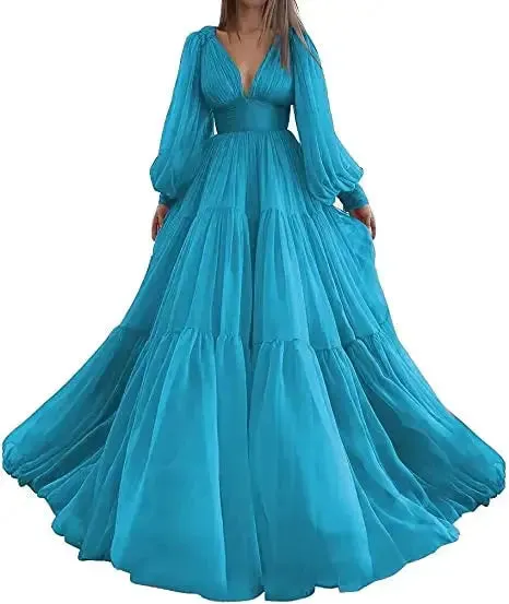 Long Puff Sleeves Prom Dresses V-Neck Pleats Chiffon Princess Evening Gowns Women Party Dress Plus Size