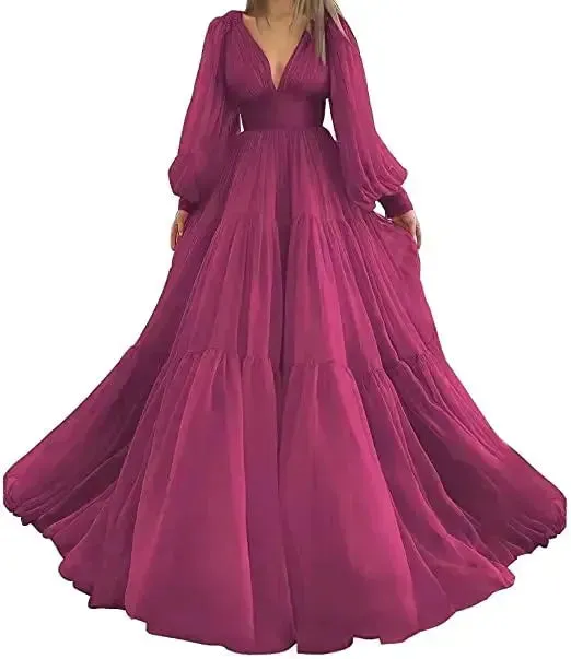 Long Puff Sleeves Prom Dresses V-Neck Pleats Chiffon Princess Evening Gowns Women Party Dress Plus Size