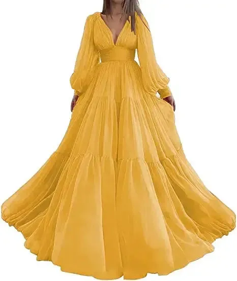 Long Puff Sleeves Prom Dresses V-Neck Pleats Chiffon Princess Evening Gowns Women Party Dress Plus Size