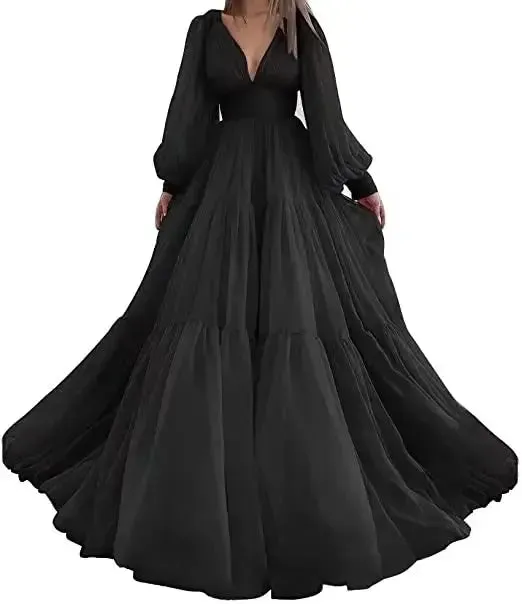 Long Puff Sleeves Prom Dresses V-Neck Pleats Chiffon Princess Evening Gowns Women Party Dress Plus Size