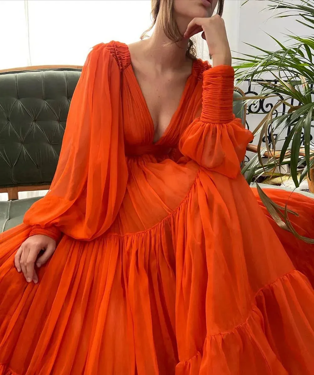 Long Puff Sleeves Prom Dresses V-Neck Pleats Chiffon Princess Evening Gowns Women Party Dress Plus Size