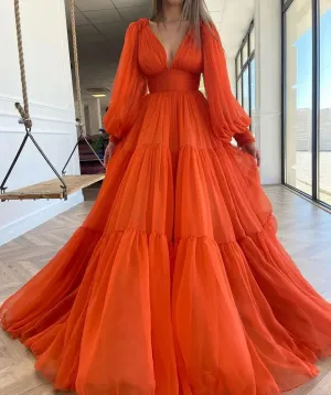 Long Puff Sleeves Prom Dresses V-Neck Pleats Chiffon Princess Evening Gowns Women Party Dress Plus Size
