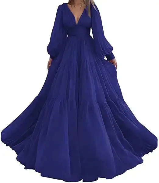 Long Puff Sleeves Prom Dresses V-Neck Pleats Chiffon Princess Evening Gowns Women Party Dress Plus Size