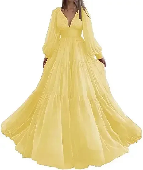 Long Puff Sleeves Prom Dresses V-Neck Pleats Chiffon Princess Evening Gowns Women Party Dress Plus Size