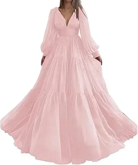 Long Puff Sleeves Prom Dresses V-Neck Pleats Chiffon Princess Evening Gowns Women Party Dress Plus Size