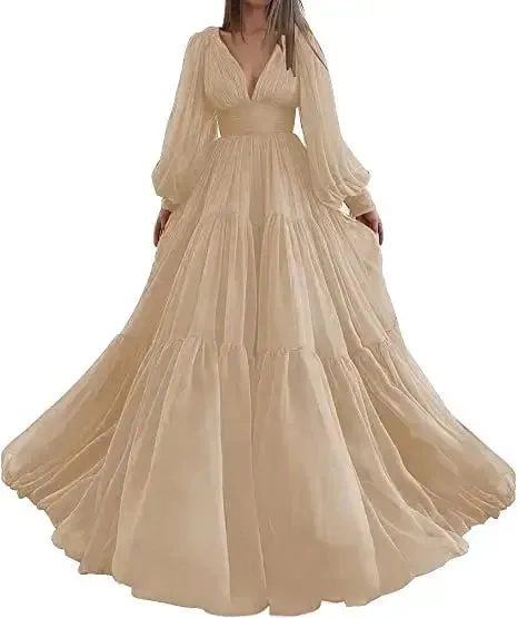 Long Puff Sleeves Prom Dresses V-Neck Pleats Chiffon Princess Evening Gowns Women Party Dress Plus Size