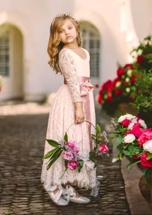 Long Sleeve Ivory Elegant Lace Flower Girl Dress with Sash