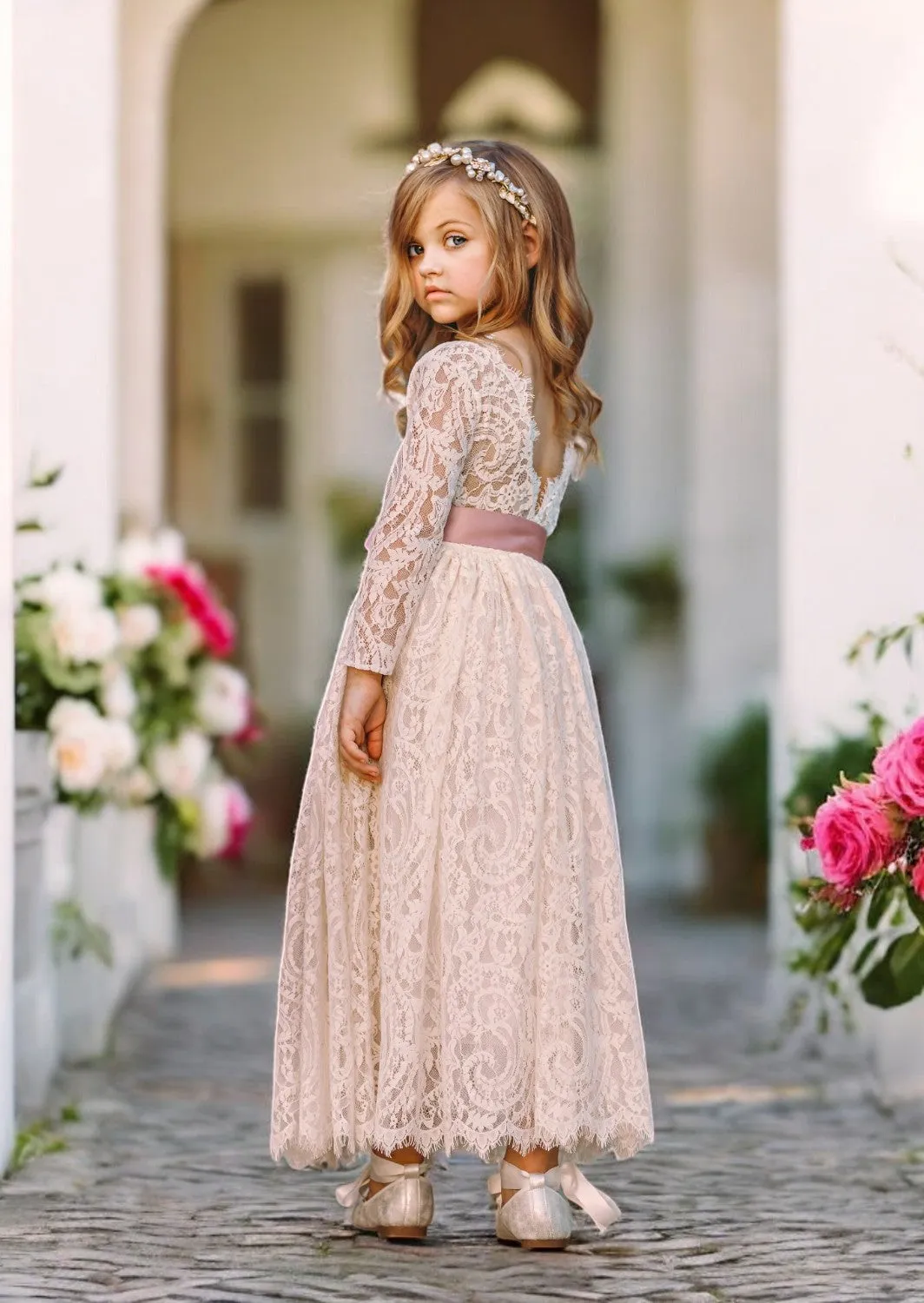 Long Sleeve Ivory Elegant Lace Flower Girl Dress with Sash