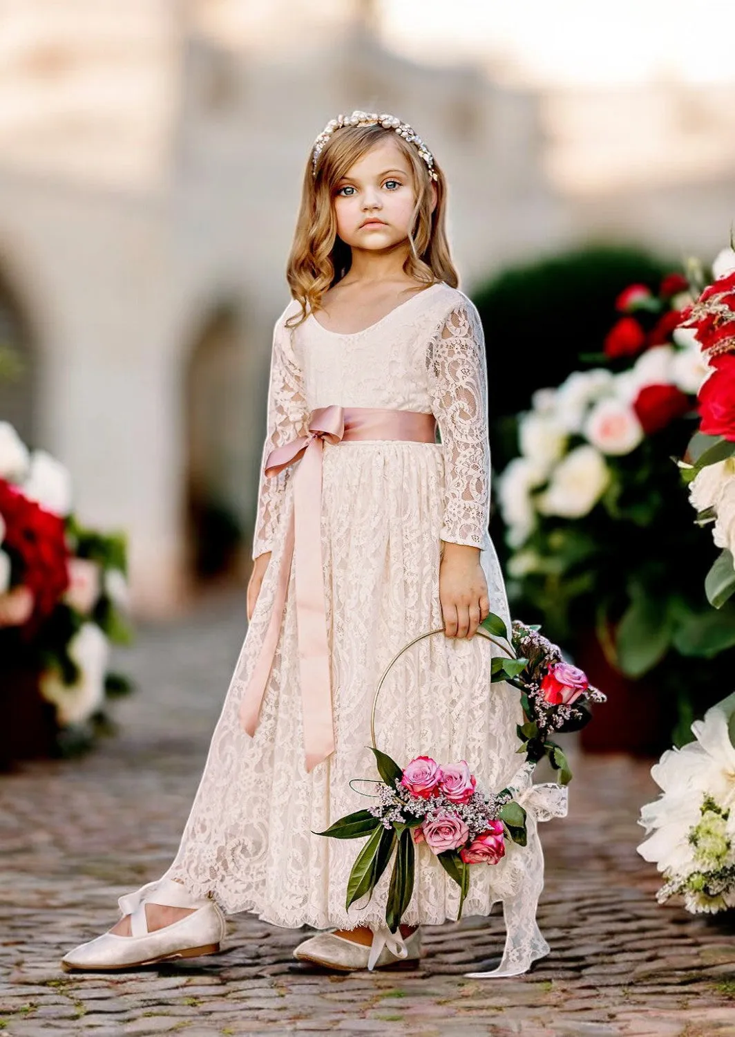 Long Sleeve Ivory Elegant Lace Flower Girl Dress with Sash