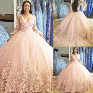 Long Sleeves Tulle Ball Gown Quinceanera Dresses For 15 Party Fashion Appliques Floor-Length Princess Cinderella Birthday Gowns