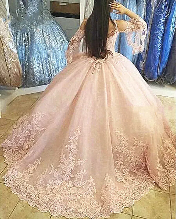 Long Sleeves Tulle Ball Gown Quinceanera Dresses For 15 Party Fashion Appliques Floor-Length Princess Cinderella Birthday Gowns