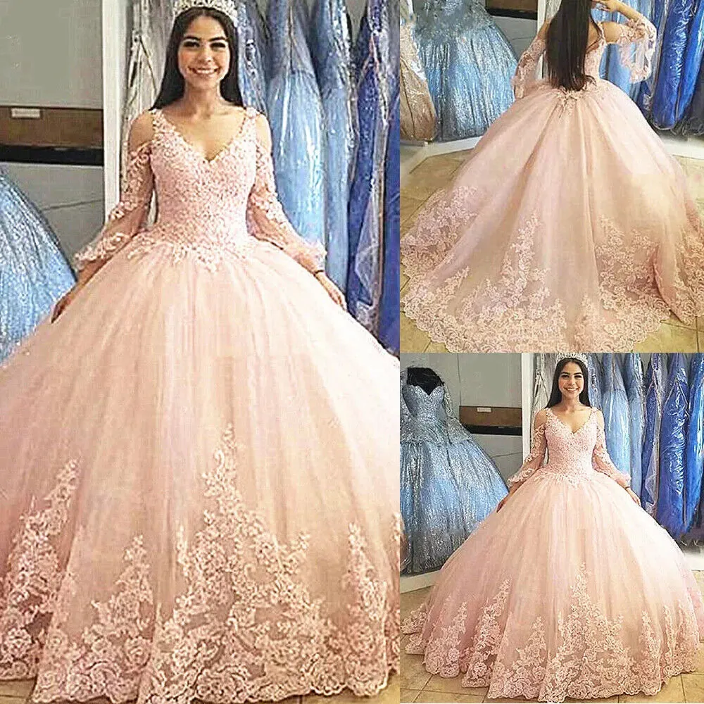 Long Sleeves Tulle Ball Gown Quinceanera Dresses For 15 Party Fashion Appliques Floor-Length Princess Cinderella Birthday Gowns