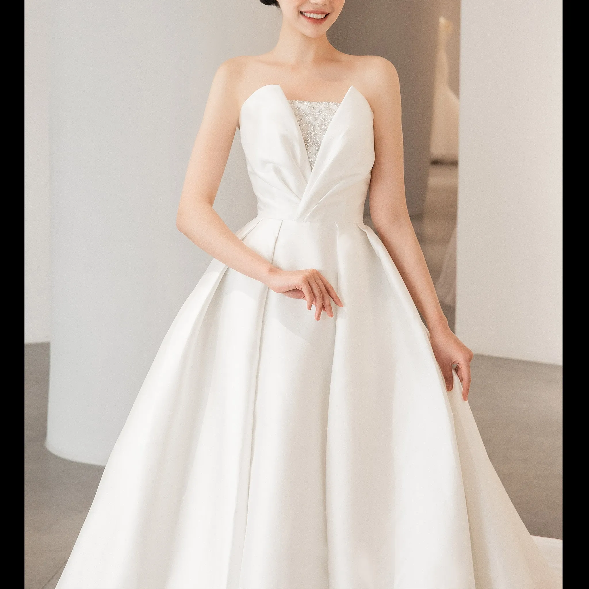 Low Back Strapless Satin A-line Wedding Dress with Beading