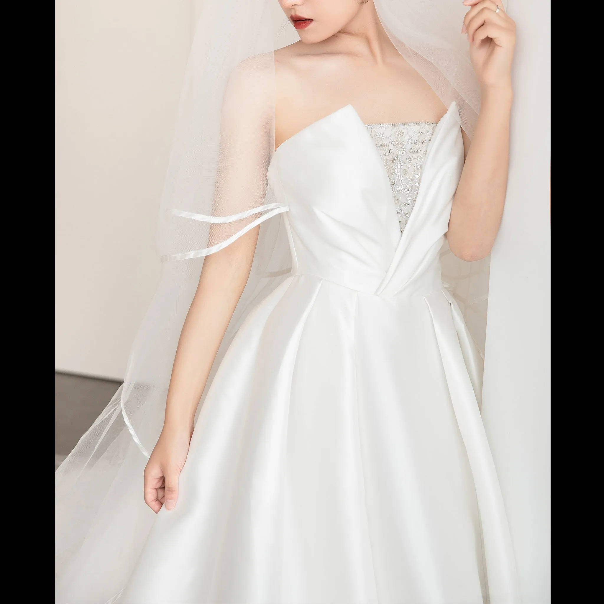 Low Back Strapless Satin A-line Wedding Dress with Beading