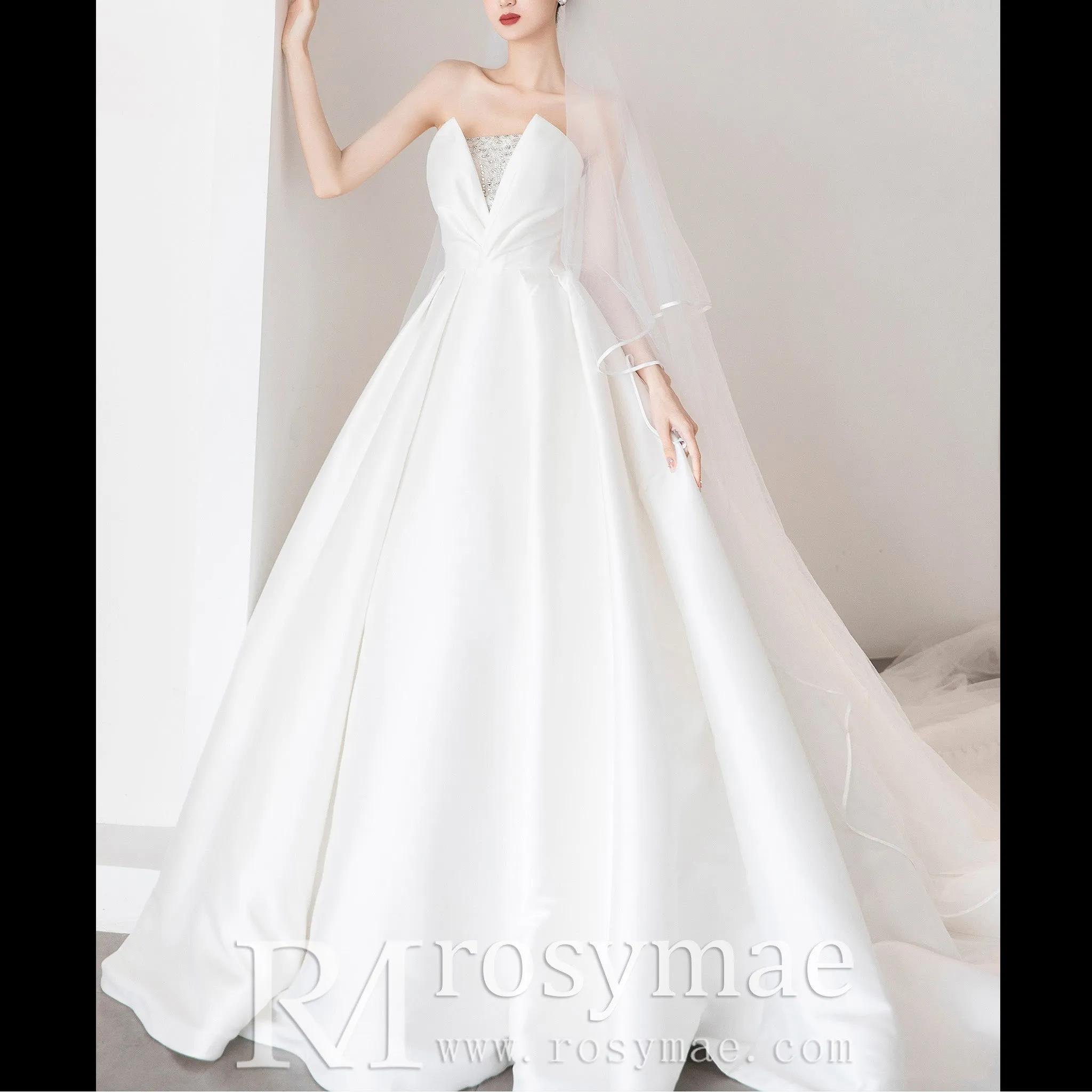 Low Back Strapless Satin A-line Wedding Dress with Beading