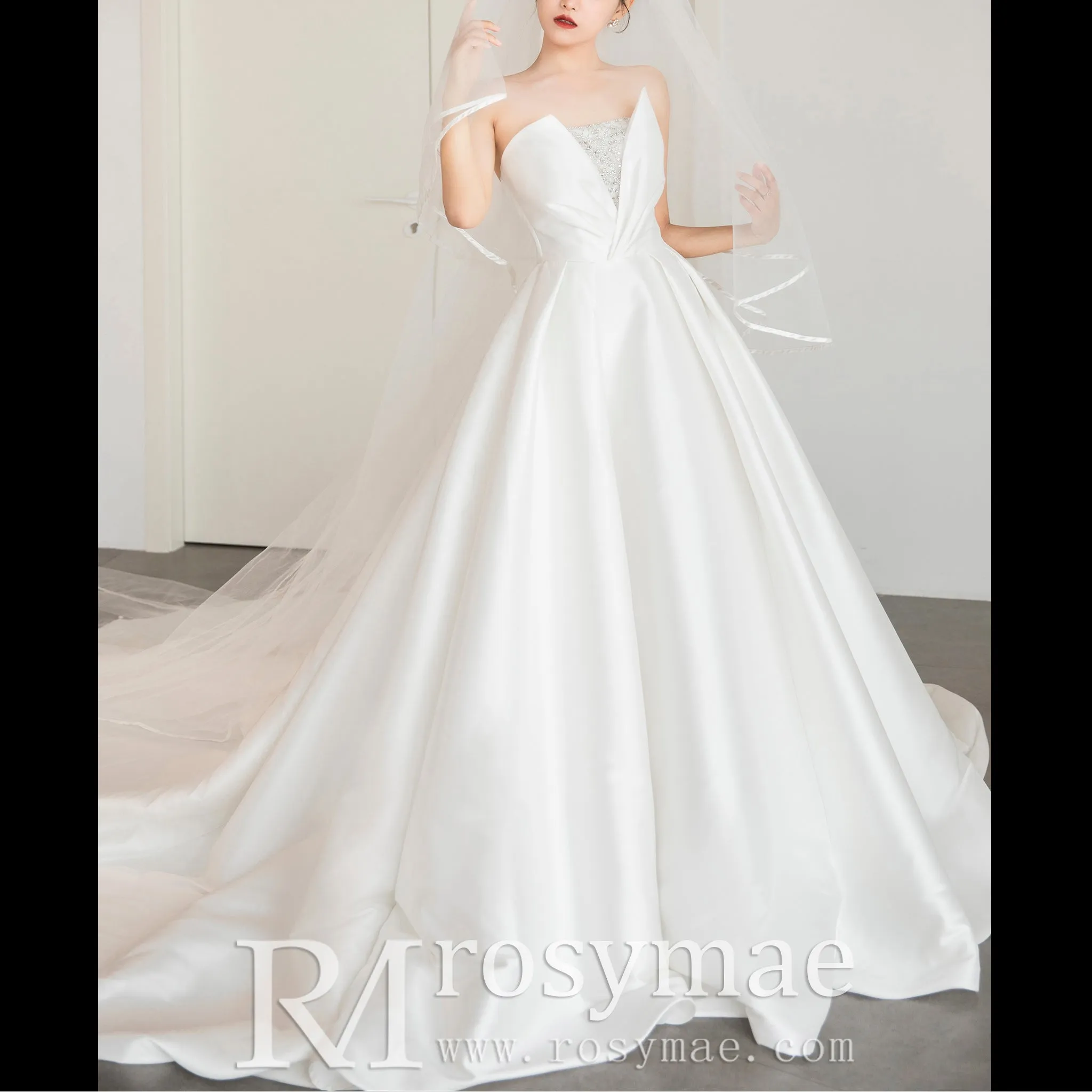 Low Back Strapless Satin A-line Wedding Dress with Beading