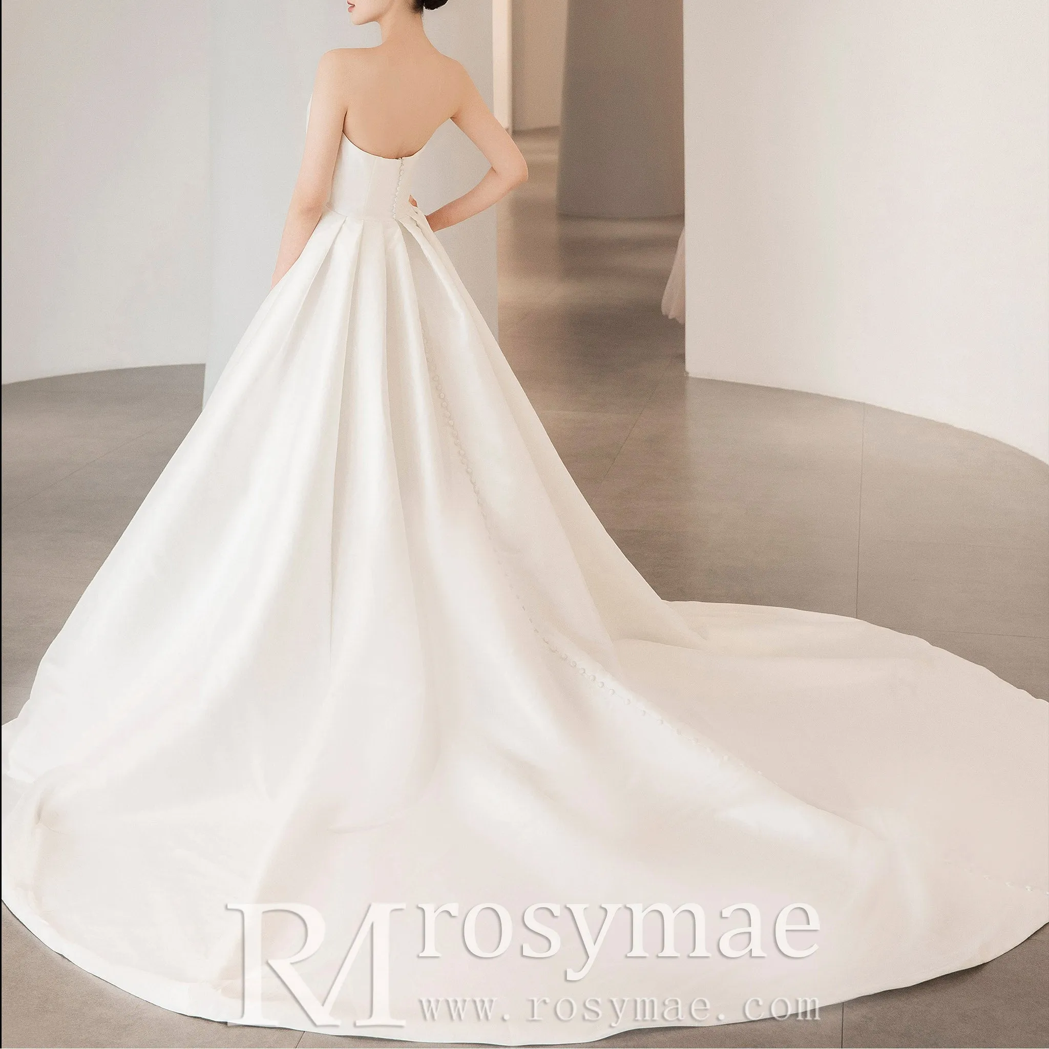 Low Back Strapless Satin A-line Wedding Dress with Beading