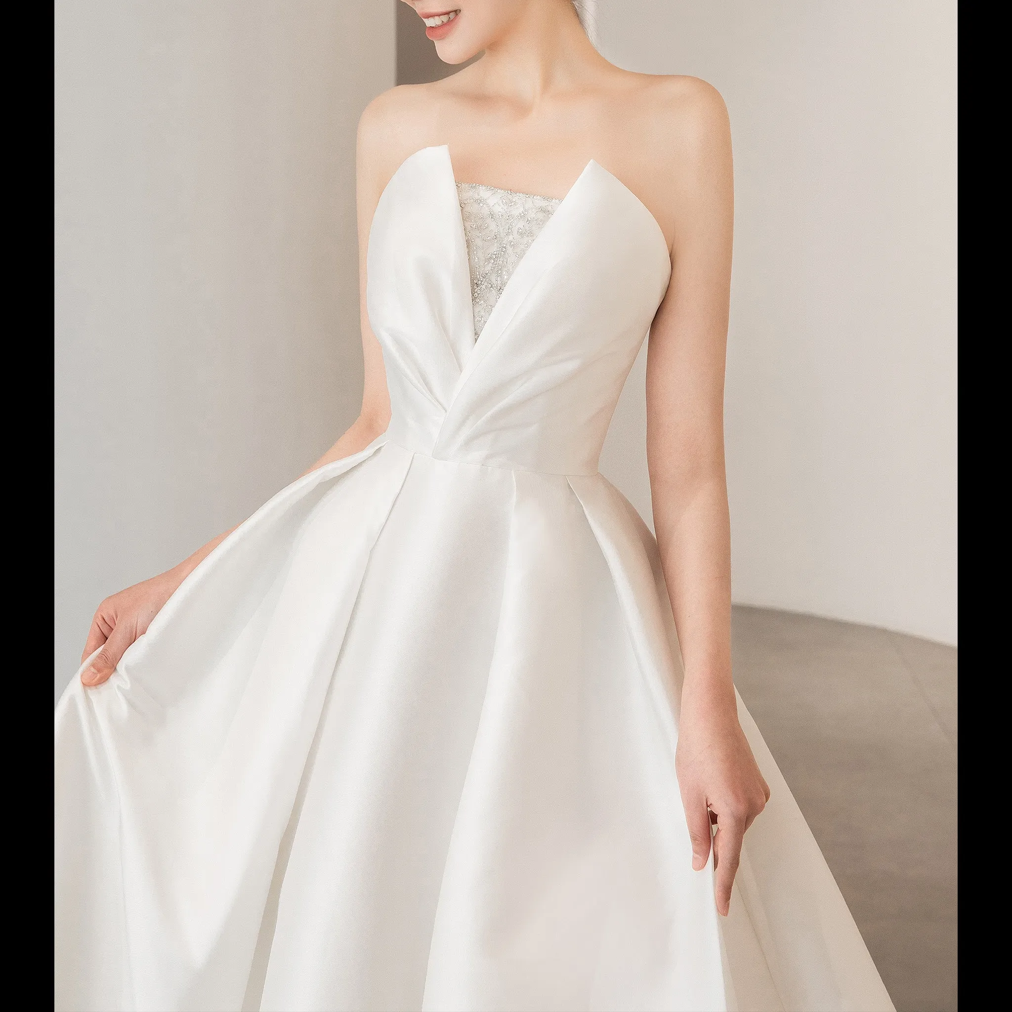Low Back Strapless Satin A-line Wedding Dress with Beading