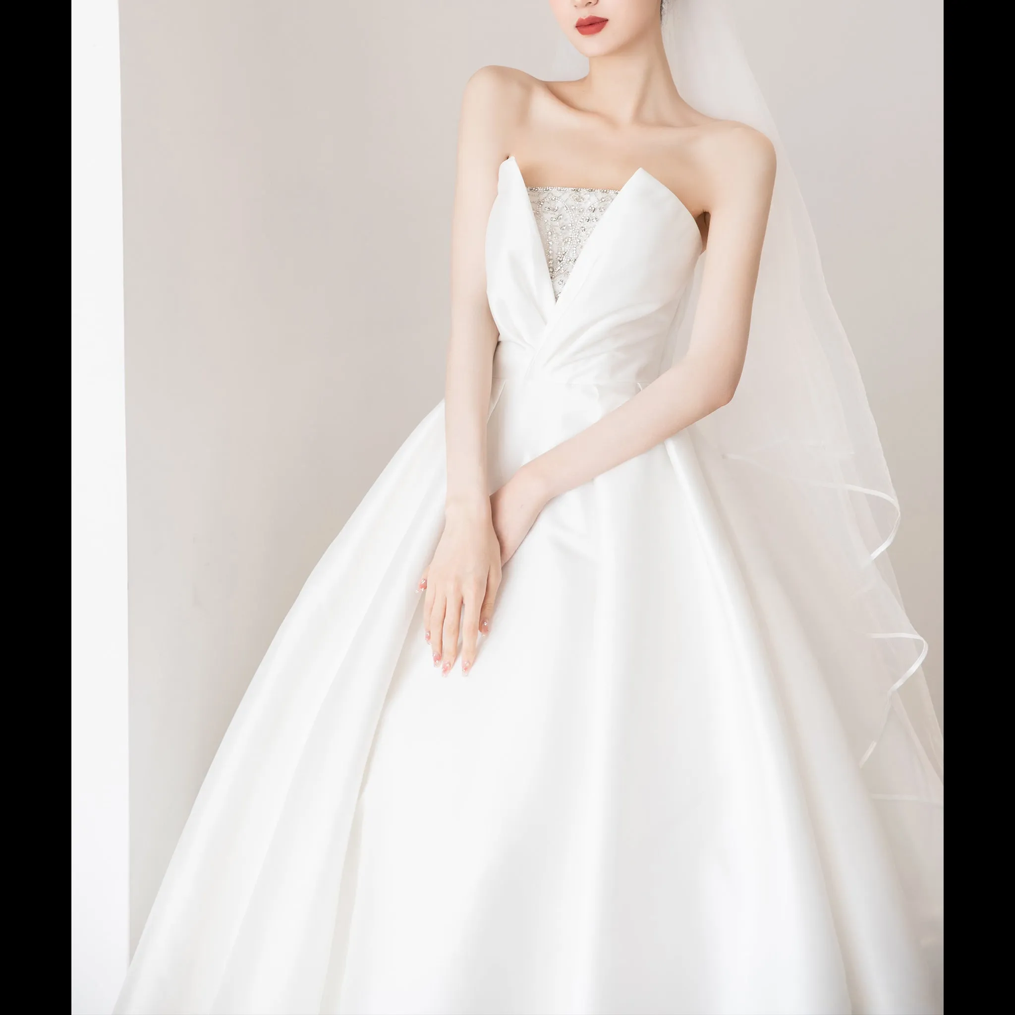 Low Back Strapless Satin A-line Wedding Dress with Beading