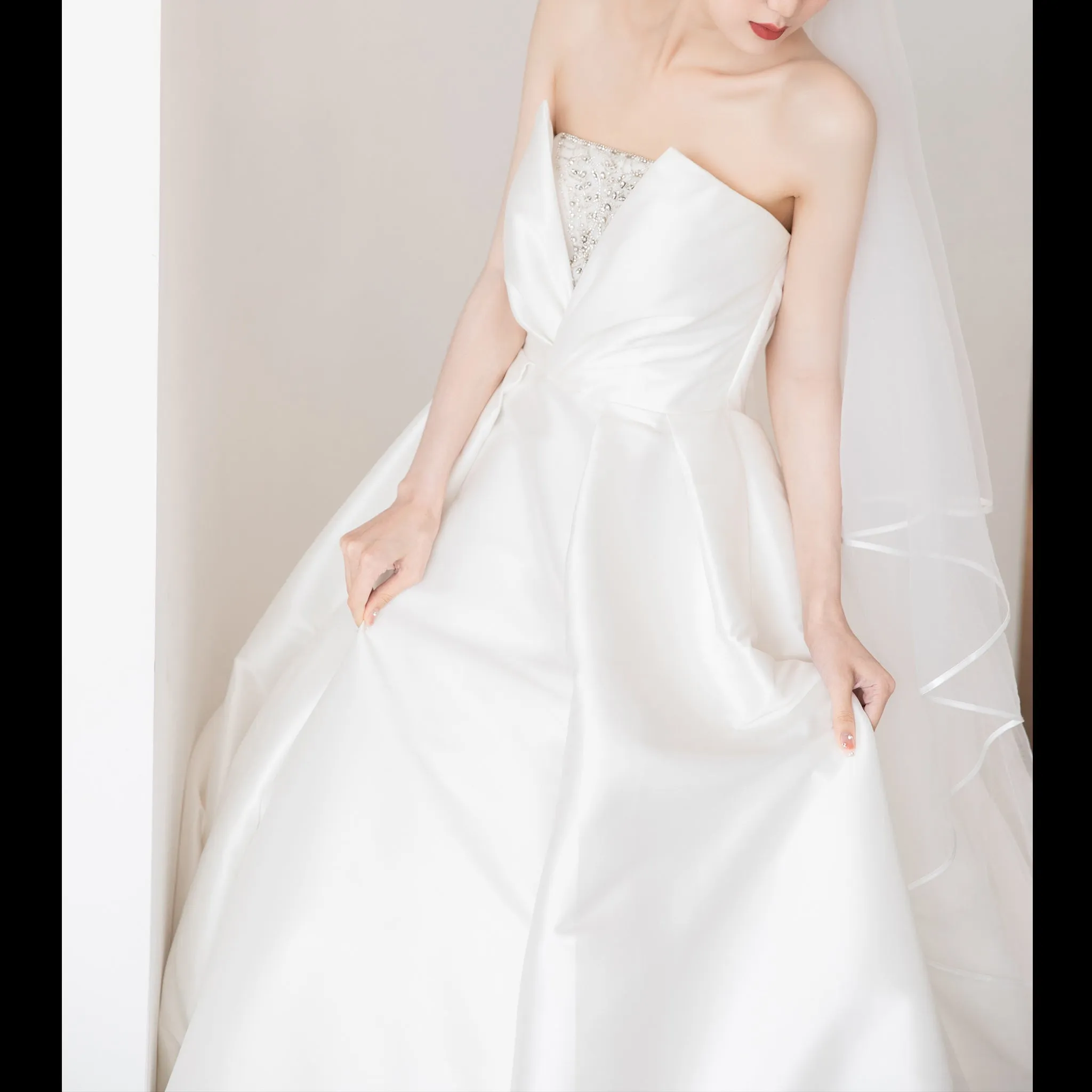 Low Back Strapless Satin A-line Wedding Dress with Beading