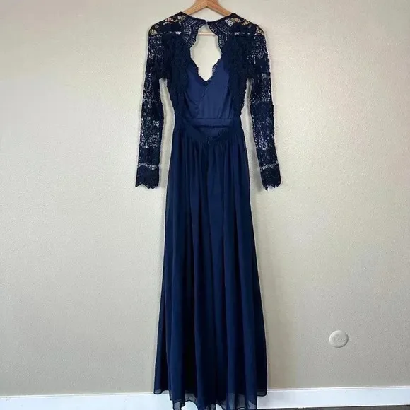 Lulus Awaken My Love Lace Long Sleeve Open Back Maxi Dress Formal Navy Blue XS