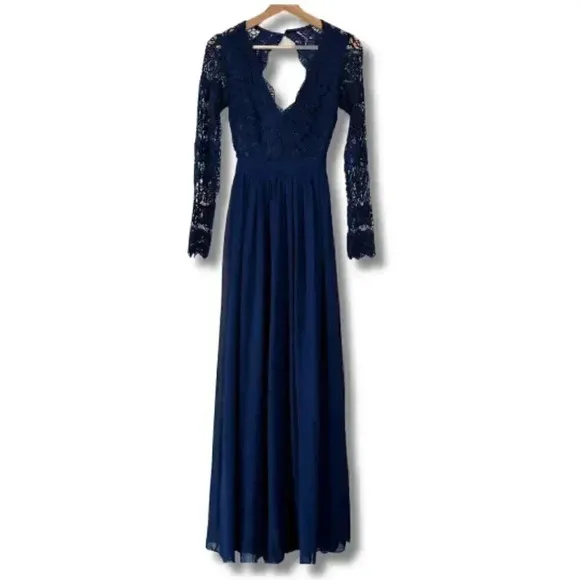 Lulus Awaken My Love Lace Long Sleeve Open Back Maxi Dress Formal Navy Blue XS