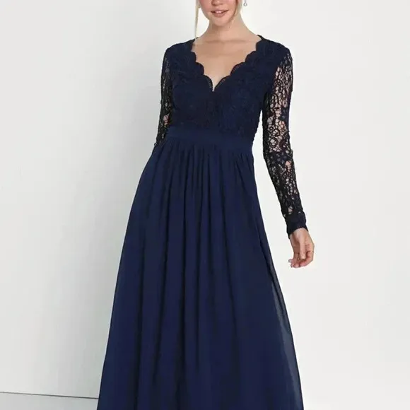 Lulus Awaken My Love Lace Long Sleeve Open Back Maxi Dress Formal Navy Blue XS