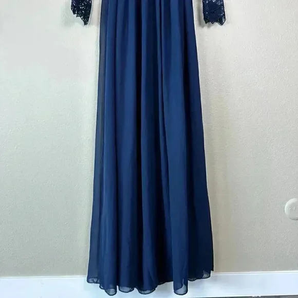 Lulus Awaken My Love Lace Long Sleeve Open Back Maxi Dress Formal Navy Blue XS