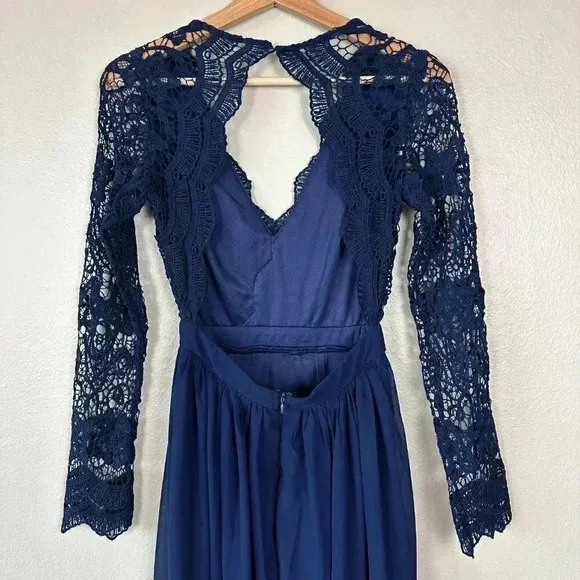 Lulus Awaken My Love Lace Long Sleeve Open Back Maxi Dress Formal Navy Blue XS