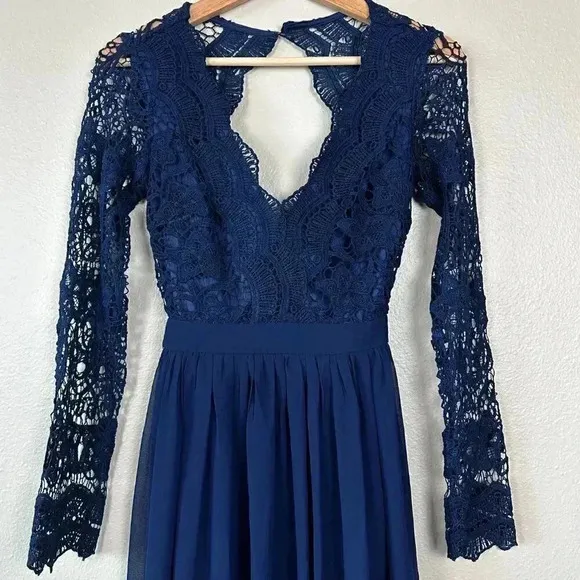 Lulus Awaken My Love Lace Long Sleeve Open Back Maxi Dress Formal Navy Blue XS