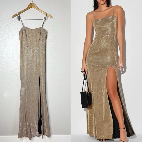 Lulus Searching For You Metallic Gold Glitter Mermaid Maxi Dress